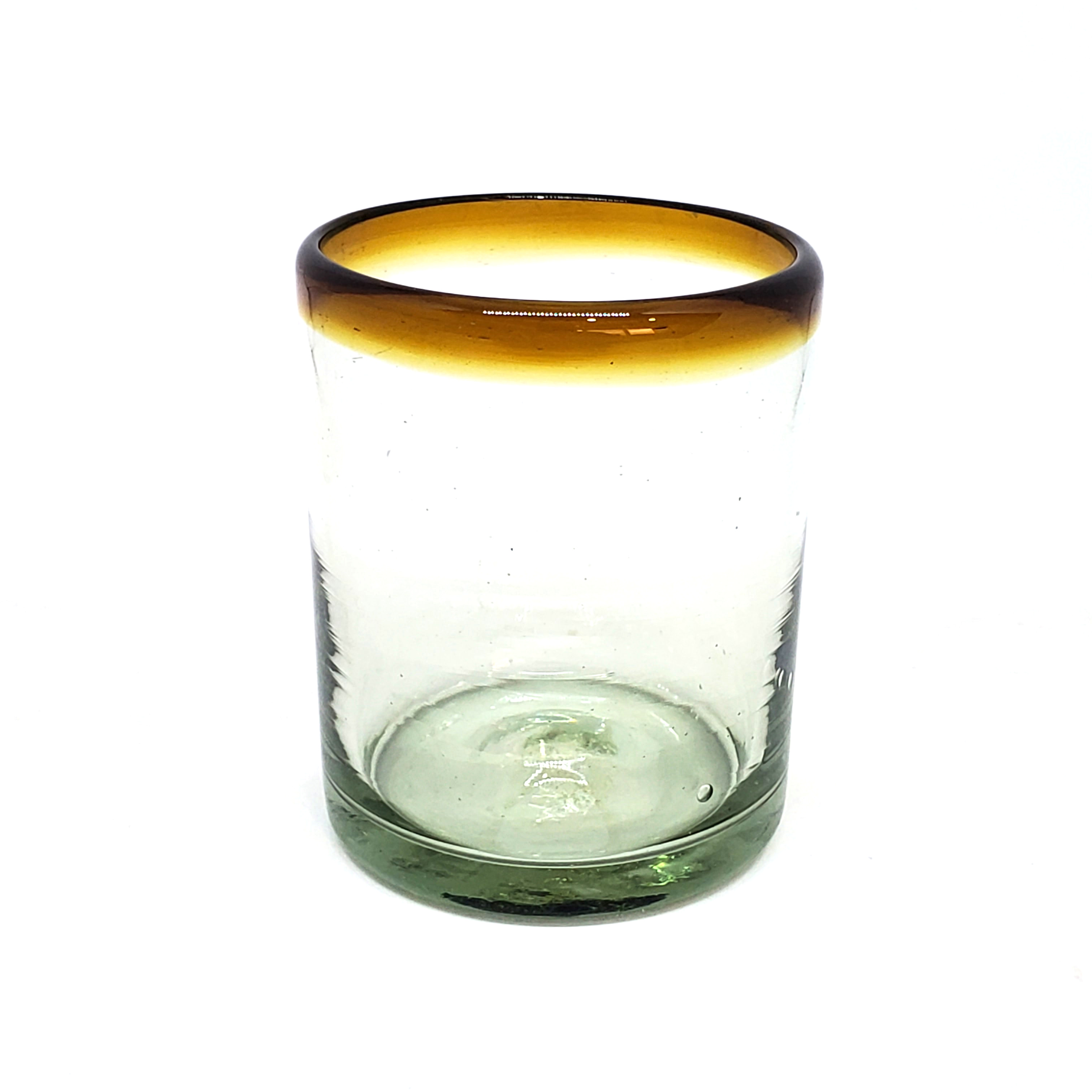 Vasos de Vidrio Soplado / Juego de 6 vasos chicos con borde color ámbar / Éste festivo juego de vasos es ideal para tomar leche con galletas o beber limonada en un día caluroso.
